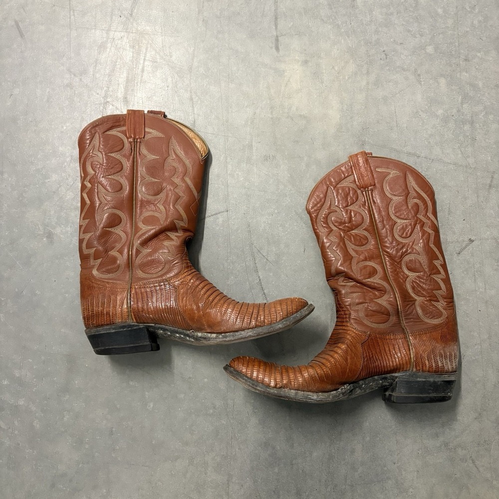 Vintage Tony Lama Brown Leather Upper Lizard Skin Round Toe 12.5 RR
